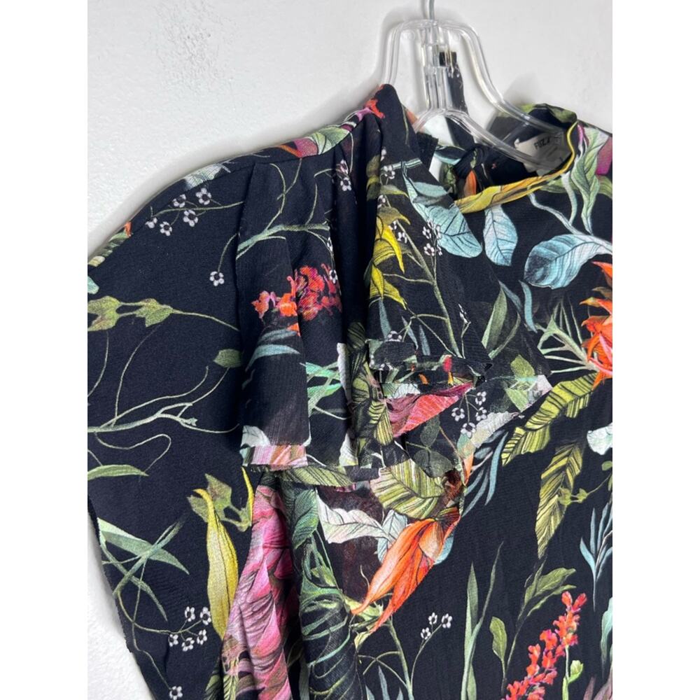 Fuzzi Mesh Blouse Sleeveless Black Floral Tropical Side Ruffle High Neck Sz S - Picture 3 of 7